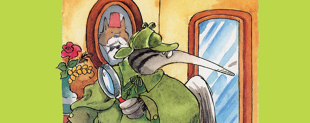 Illustration of detective anteater holding a magnifying glass