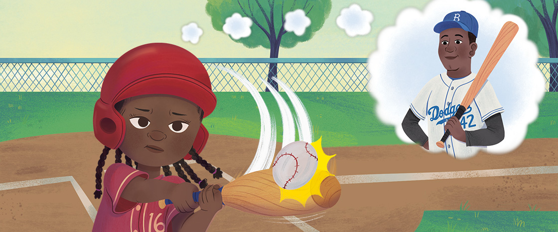 Illustration of kid envisioning Jackie Robinson as they hit the baseball