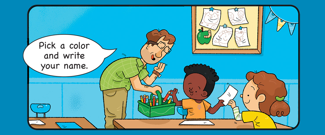 Illustration of two students drawing and a teacher asking them to pick a color to write their name