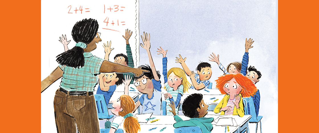 Illustration of a bunch of students raising their hand but teacher calling on startled looking one