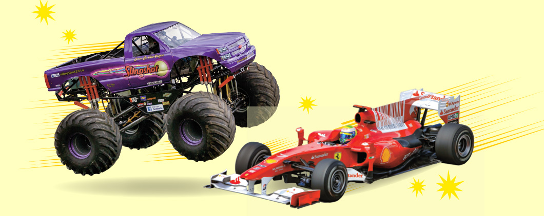 Image of a purple monster truck next to a red sports car