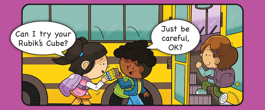 Illustration of a friend asking to try another&apos;s rubix cube