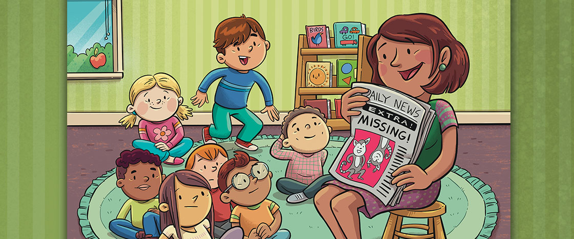 Illustration of teacher reading newspaper to students about missing lemurs
