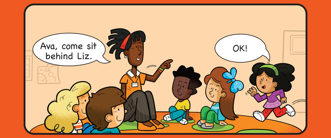 Illustration of Ava sitting by Liz at circle time
