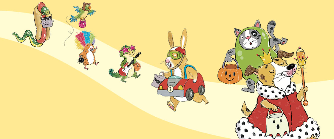 Illustration of pets dressed in a variety of costumes